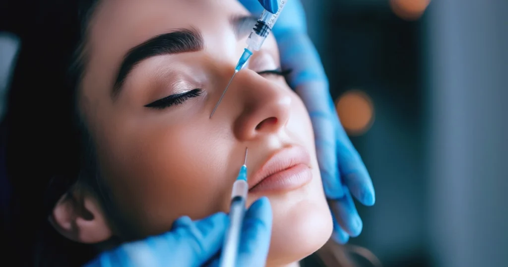 Woman receiving Dermal Filler in Fort Myers, FL, with two facial injections near eye and mouth from a gloved professional.